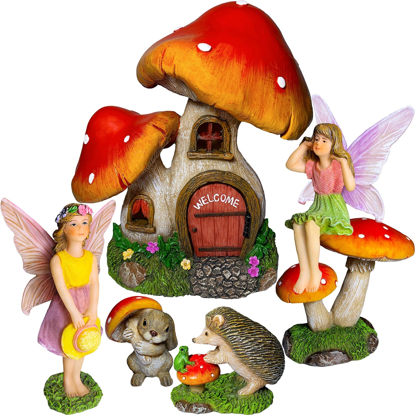 Mood Lab Fairy Garden Figurines - Mushroom House Set (6 pcs) - Miniature Decorative Statues & Accessories - Outdoor & Indoor Garden Decor