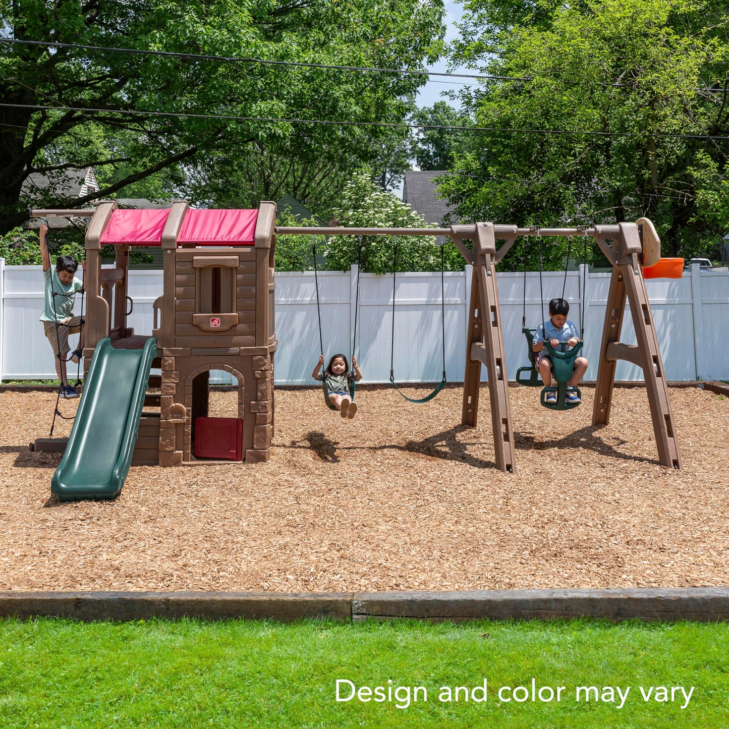 Step2 Naturally Playful Adventure Lodge Play Center with Glider, Kids Outdoor Playset, Two Tier Backyard Playground Set, Slide, Swings, Rope Ladder, Basketball Hoop, Jungle Gym, Children 3-8 Years Old