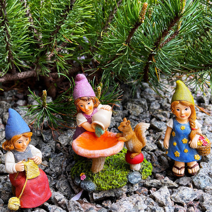 Mood Lab Garden Gnome Figurines - Lady Gnomes Set (3 pcs) - 3.5" H Miniature Decorative Statues & Accessories - Outdoor & Indoor Garden Decor