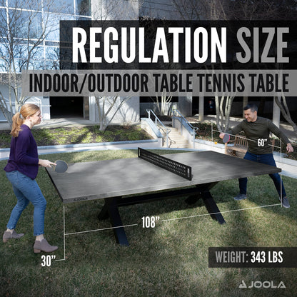 JOOLA Berkshire Outdoor Table Tennis Table - Multi Use Conference Table Dining Table - Concrete Gray Wood Look Includes Steel Outdoor Ping Pong Net Set & Frame - Hybrid Indoor Outdoor Ping Pong Table