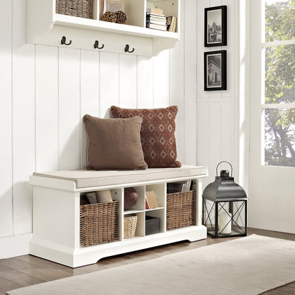 Crosley Furniture Brennan Entryway Storage Bench with Bins and a Shoe Rack Organizer, White
