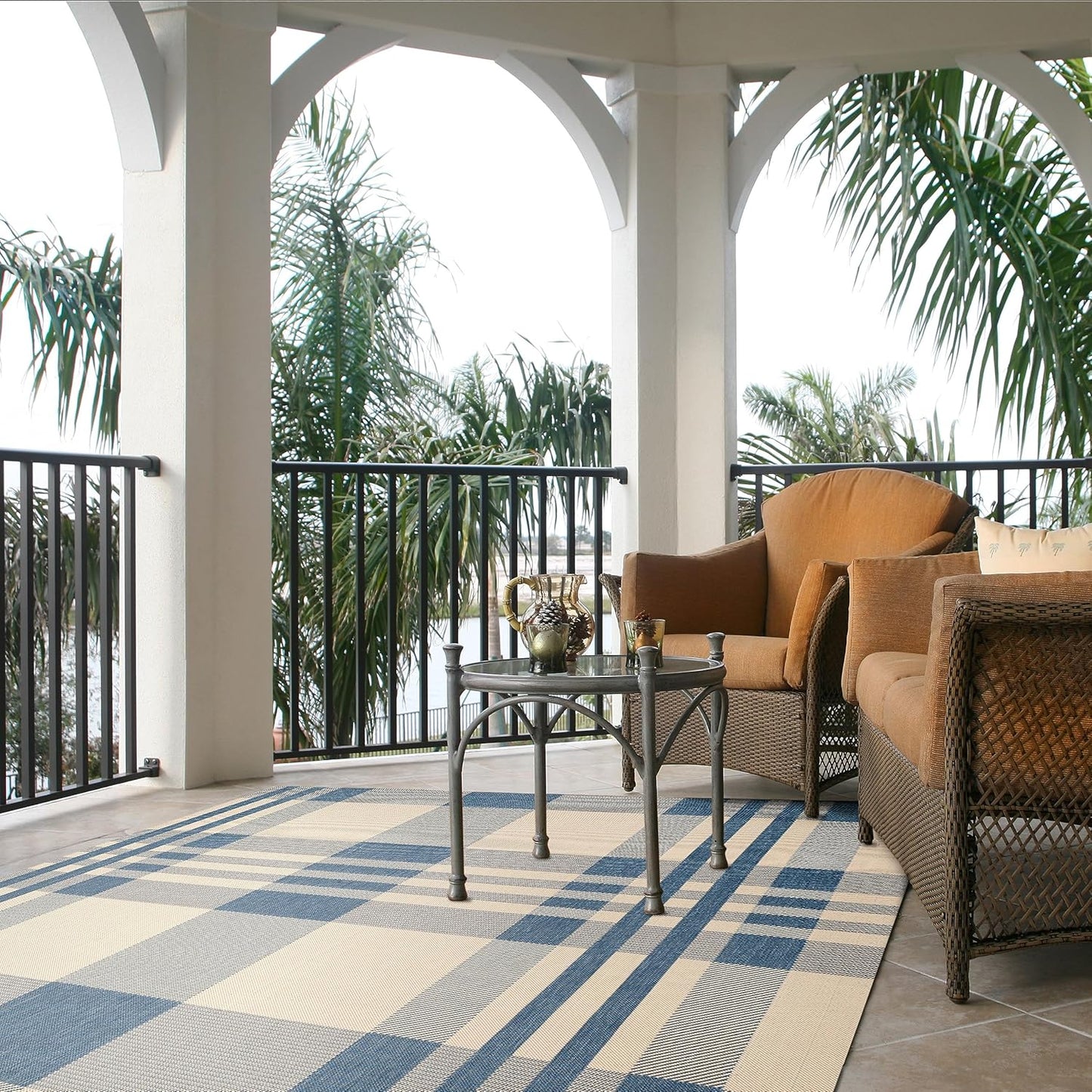 SAFAVIEH Courtyard Collection Accent Rug, 2' x 3'7", Beige & Blue, Indoor/Outdoor, Washable, High Traffic Areas