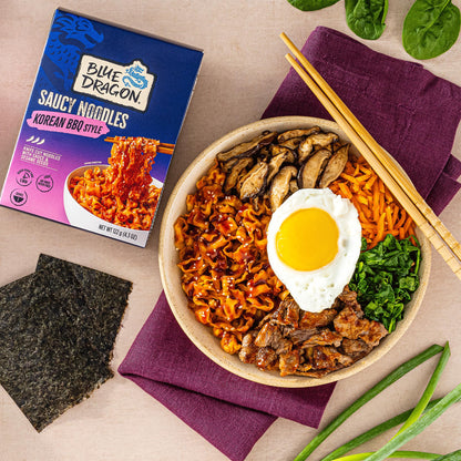Blue Dragon Korean BBQ Saucy Noodles - 4.2oz (Pack of 3) - Knife Cut Thick Noodles w/Korean BBQ Sauce & Sesame Seed Garnish - Quick & Easy Meal with Bold Asian Flavors - Vegetarian Friendly