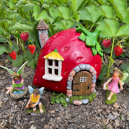 Mood Lab Fairy Garden Figurines - Strawberry House Set (4 pcs) - Miniature Decorative Statues & Accessories - Outdoor & Indoor Garden Decor