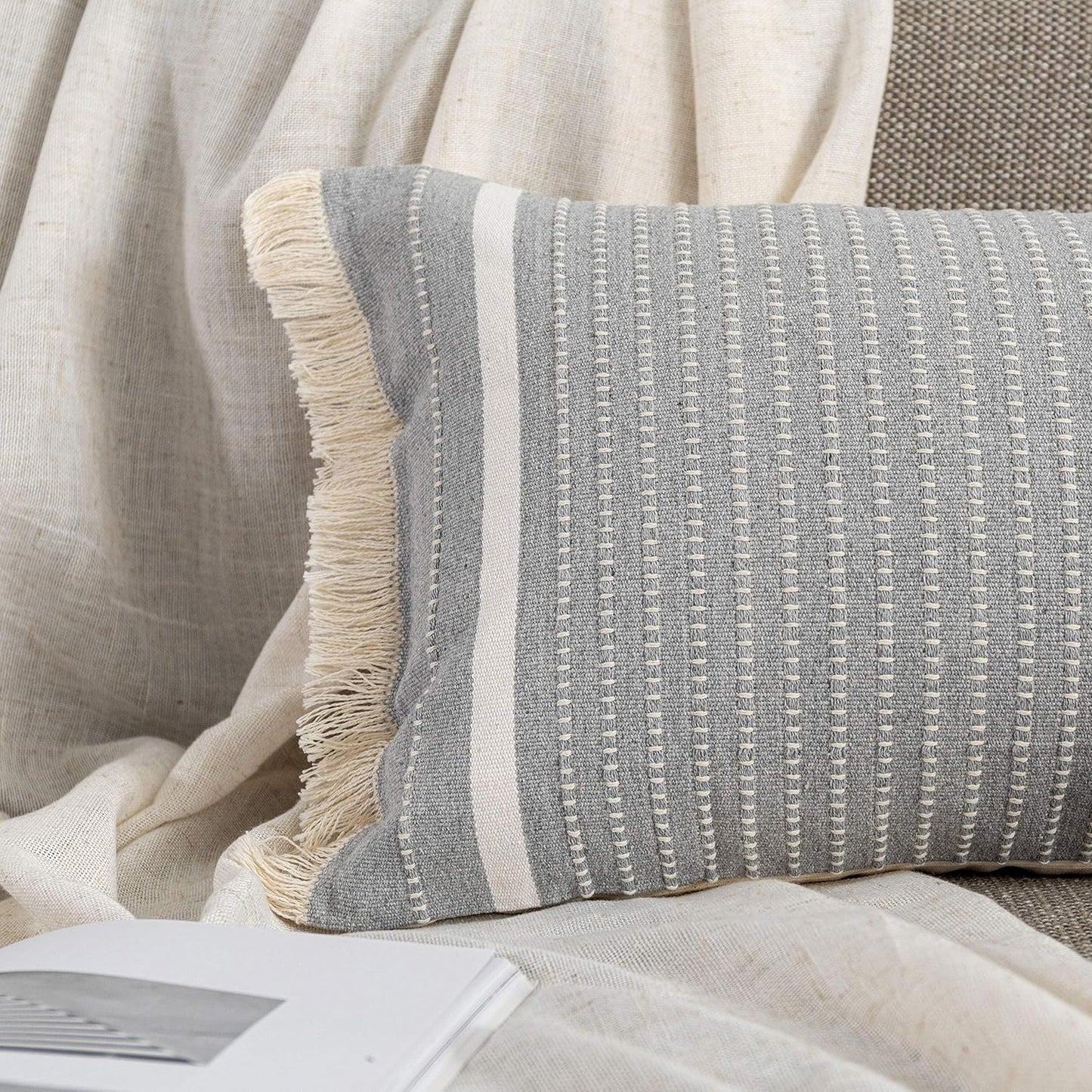 12 20 Inches, OJIA Modern Throw Pillow Cover with Tassels, Decorative Liana Fringe Accent Cushion Case, Farmhouse Woven