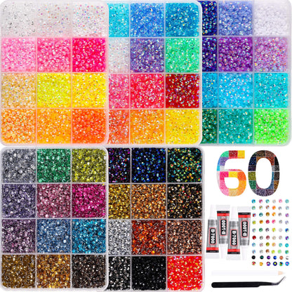 LERBOU 37500Pcs Bedazzling Kit for 60 Colors Rhinestones with 5 Box Diamond Art, 3mm Flatback Gems with 4×10ml B7000 Jewelry Glue Tweezers & Pickup Pen, Perfect for Nail Art, Crafting, Clothing