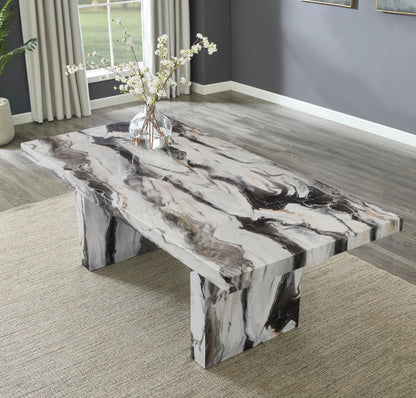 Roundhill Furniture Cavira 6-Piece Modern Faux Marble Dining Set, Double Pedestal Table with 4 Upholstered Chairs and a Bench