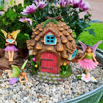 Mood Lab Fairy Garden Figurines - Pinecone Fairy House Set (4 pcs) - Miniature Decorative Statues & Accessories - Outdoor & Indoor Garden Decor