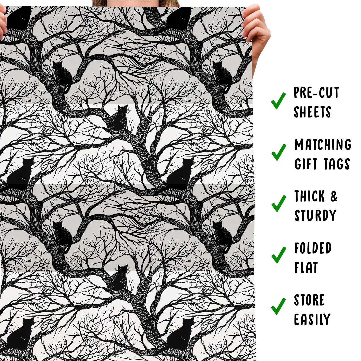 CENTRAL 23 Cat Wrapping Paper - 6 Sheets Of Gift Wrap - Black Cats In Trees - Gothic Spooky Halloween - Fall Wrapping Paper For Men Women - Comes With Stickers - Recyclable