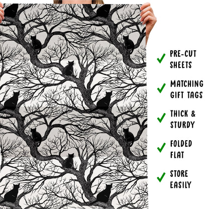 CENTRAL 23 Cat Wrapping Paper - 6 Sheets Of Gift Wrap - Black Cats In Trees - Gothic Spooky Halloween - Fall Wrapping Paper For Men Women - Comes With Stickers - Recyclable