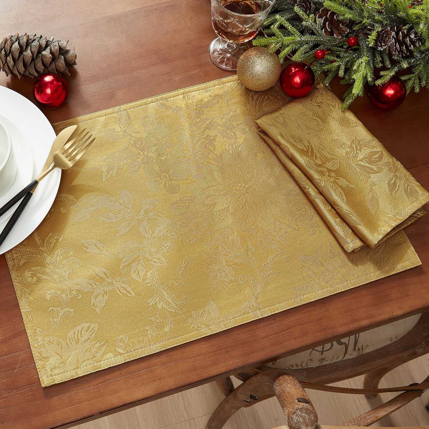 Poinsettia Elegance Jacquard Holiday Table Collection, Polyester, Gold, 13" x 19" (Placemats)