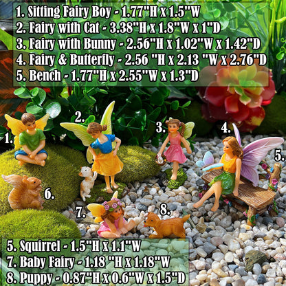 Mood Lab Fairy Garden Figurines with Animals - Miniature Decorative Statues & Accessories Set (8 pcs) - Outdoor & Indoor Garden Decor