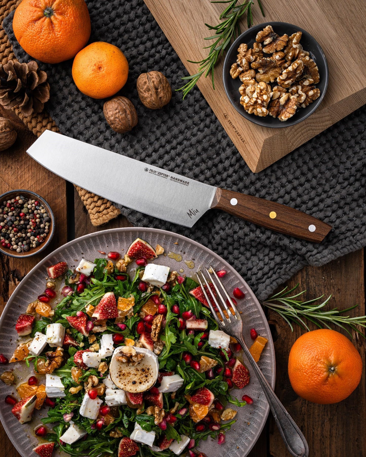 Zepter Felix MIU Chef Knife, 8in long global kitchen knife. Butcher knife for meat cutting, vegetable&bread slicing. Chef's walnut handle, sharp carbon steel, handmade Germany cooking tools est. 1790
