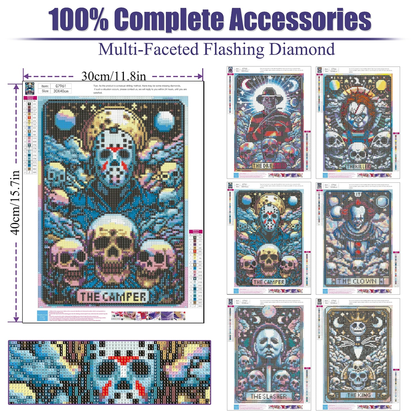 6 Packs Halloween Diamond Painting Kits for Adults, DIY Horror Diamond Art Kits for Beginners, 5D Full Drill Crystal Arts and Crafts Gem Art Painting Kits for Home Wall Decor Festival Gift (30*40cm)
