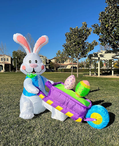 BZB Goods 4 Wheelbarrow Foot Tall Easter Inflatable Happy Bunny Rabbit Pushing with Two Eggs Pre-Lit LED Lights Outdoor