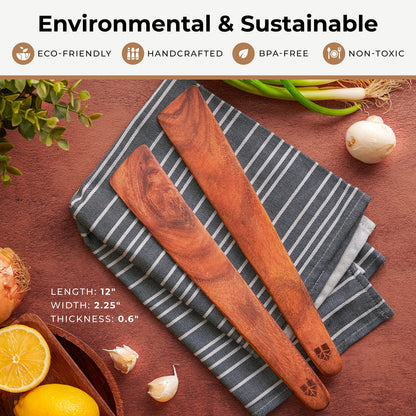 Wooden Spatula for Cooking Set of 2-12 Inch Teak Spatula for Non Stick Frying Pan - Turner & Flipper for Cast Iron, Egg & Pancake Scraper - BPA Free & Heat Resistant Wooden Cooking Utensils
