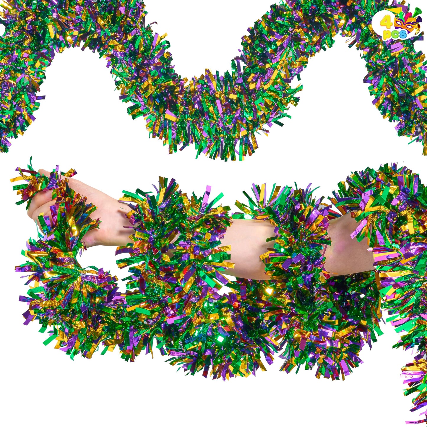 JOYIN 4 Pcs Mardi Gras Tinsel Garland, 66 Ft Gold Green Purple Metallic Streamers for Sparkling Glittering Hanging Decorations, Indoor Outdoor Mardi Gras Party Decorations Carnival Accessories