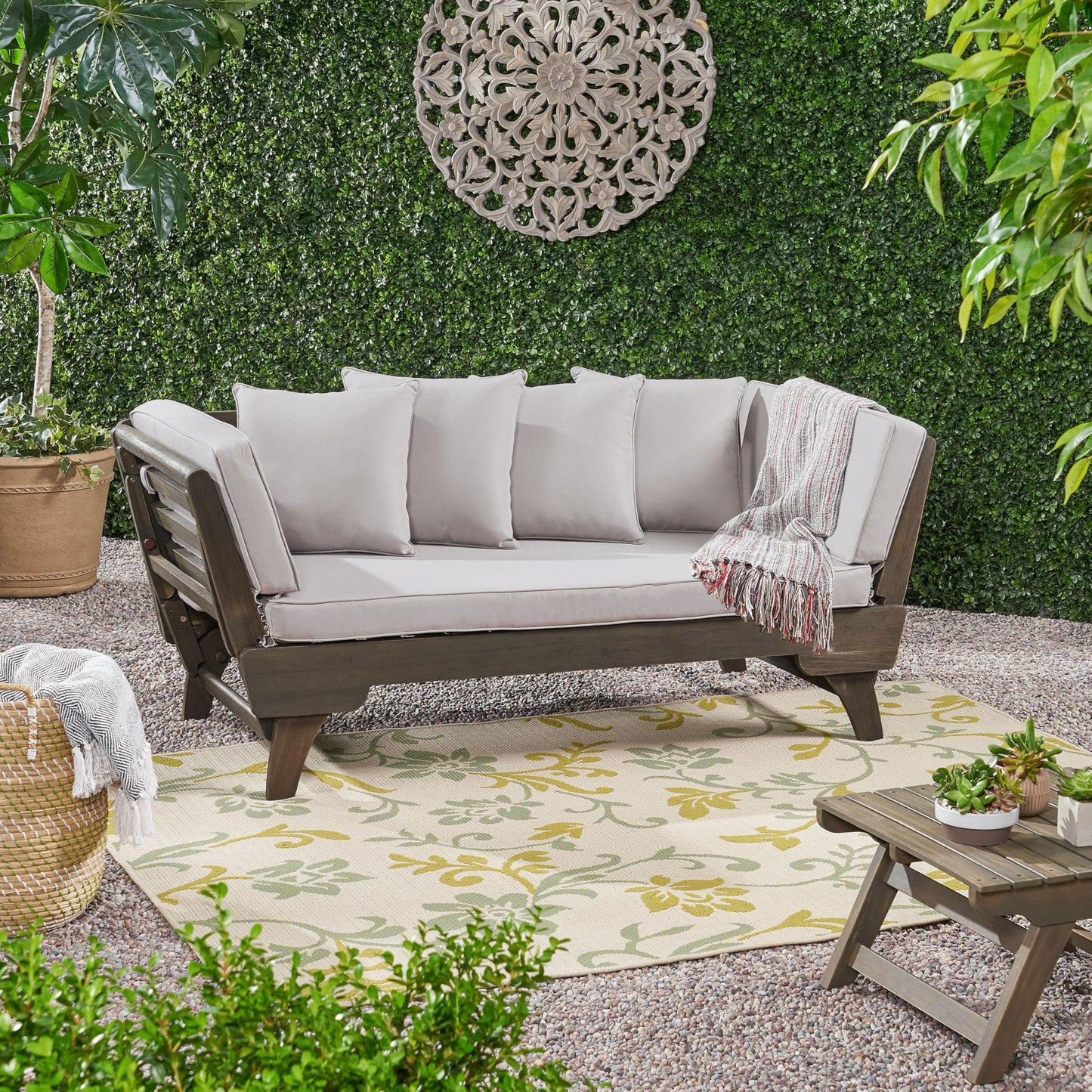 Christopher Knight Home Gary Patio Convertible Couch, Wooden Outdoor Daybed, 3-Seater Acacia Wood Patio Furniture Lounge Sofa for Backyard/Poolside/Garden, Back Pillow+Removable Cushion, Grey