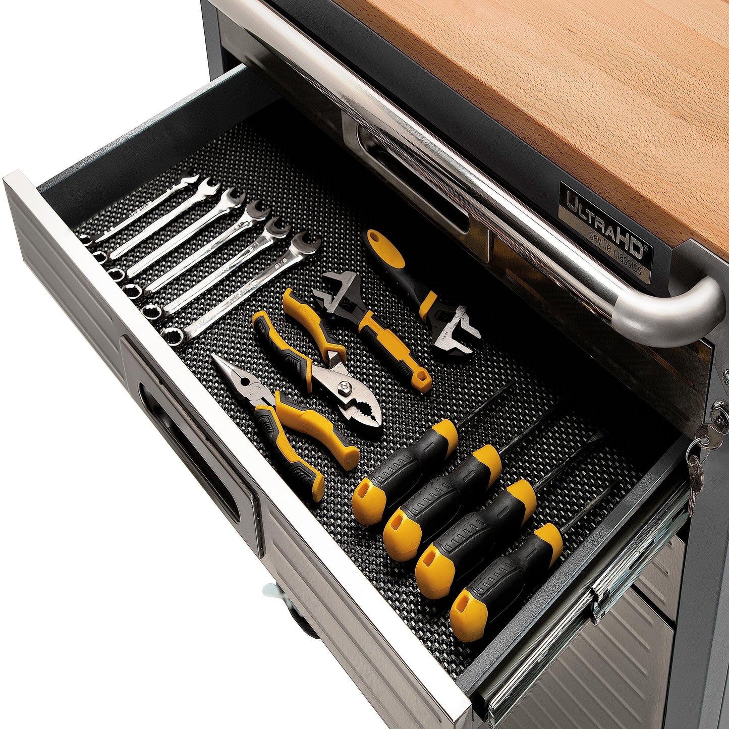 Seville Classics UltraHD Heavy Duty Rolling Cabinet Workbench Table w/Solid Wood Top, Workstation for Garage, Office, Workshop, Graphite, 6-Drawer (28" W x 18" D