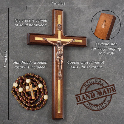 Asterom Crucifix Wall Cross - Handmade Wood Cross Wall Decor - Catholic Crucifix - 12 Inch