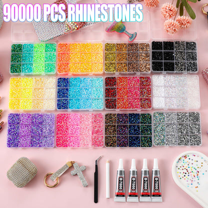 LERBOU 90000Pcs Bedazzling Kit for 12 Colors Rhinestones with 4 Shades Each - 12 Box Diamond Art, 3mm Flatback Gems with 4×10ml B7000 Jewelry Glue & Tools, Perfect for Nail Art, Crafting, Clothing