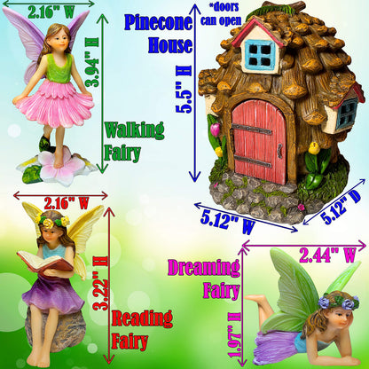 Mood Lab Fairy Garden Figurines - Pinecone Fairy House Set (4 pcs) - Miniature Decorative Statues & Accessories - Outdoor & Indoor Garden Decor