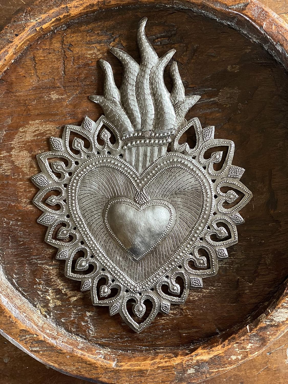 Sacred Heart Flaming Heart Religious Folk Art - Spiritual Home Decor, Haitian Metal Wall Art, 7.25 X 10.25 Inches