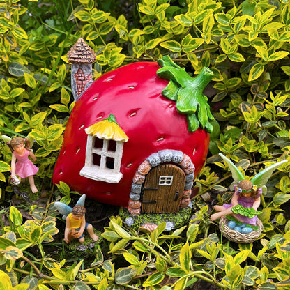 Mood Lab Fairy Garden Figurines - Strawberry House Set (4 pcs) - Miniature Decorative Statues & Accessories - Outdoor & Indoor Garden Decor