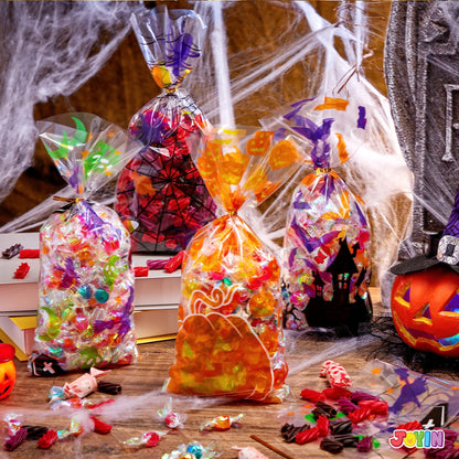 JOYIN 150 PCS Halloween Cellophane Candy Bags, Clear Treat Bags with Twist Ties, Halloween Trick or Treating Goodie Bag, Non Candy Cookie Bag Bulk for Kids Classroom Party Favors Supplies in 6 Design