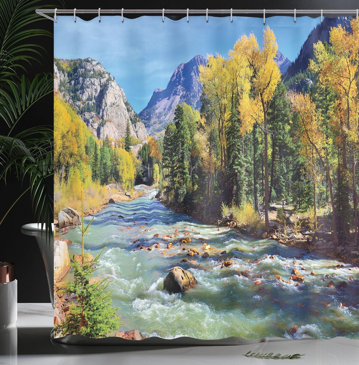 Ambesonne Landscape Shower Curtain, Cloth Fabric Bathroom Decor Set with Hooks, 69" W x 70" L, Mustard Green Blue,