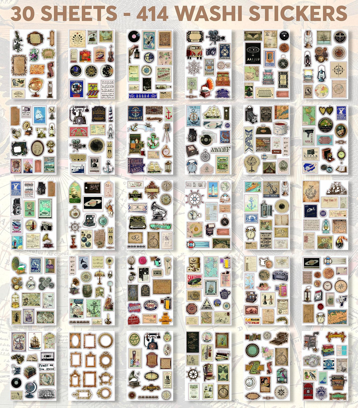Fayware 411 Vintage Washi Stickers & 20 Scrapbook Papers Ephemera for Junk Journals & Scrapbooking