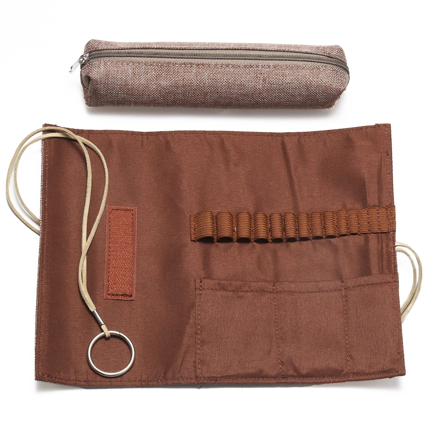 YOJOB Traditional Aluminum Crochet Hooks Case, 14 Slots Roll-up Crochet Hook Organizer with a Detached Zipper Bag (Beige-Orange)