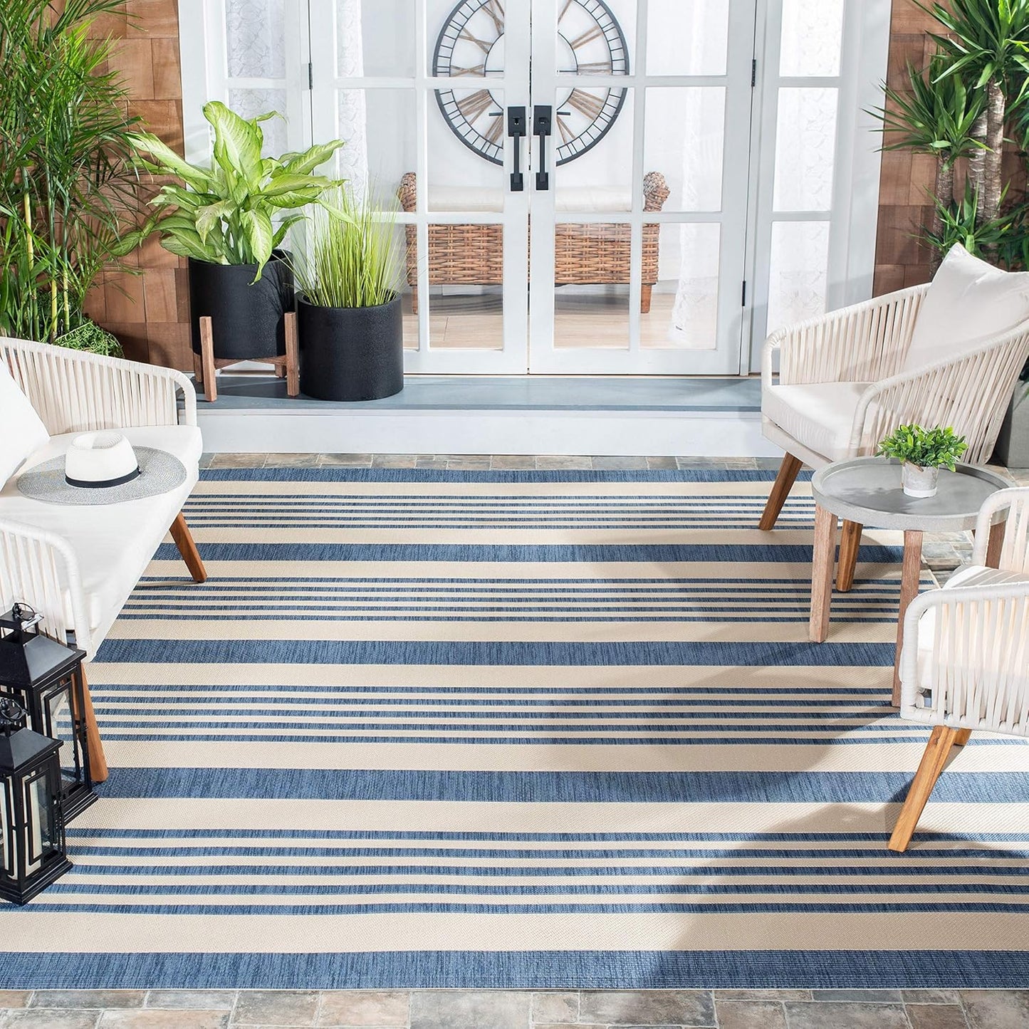 SAFAVIEH Courtyard Collection 2' x 3'7" Beige/Blue CY6062 Stripe Waterproof Indoor/Outdoor Easy Cleaning Mat