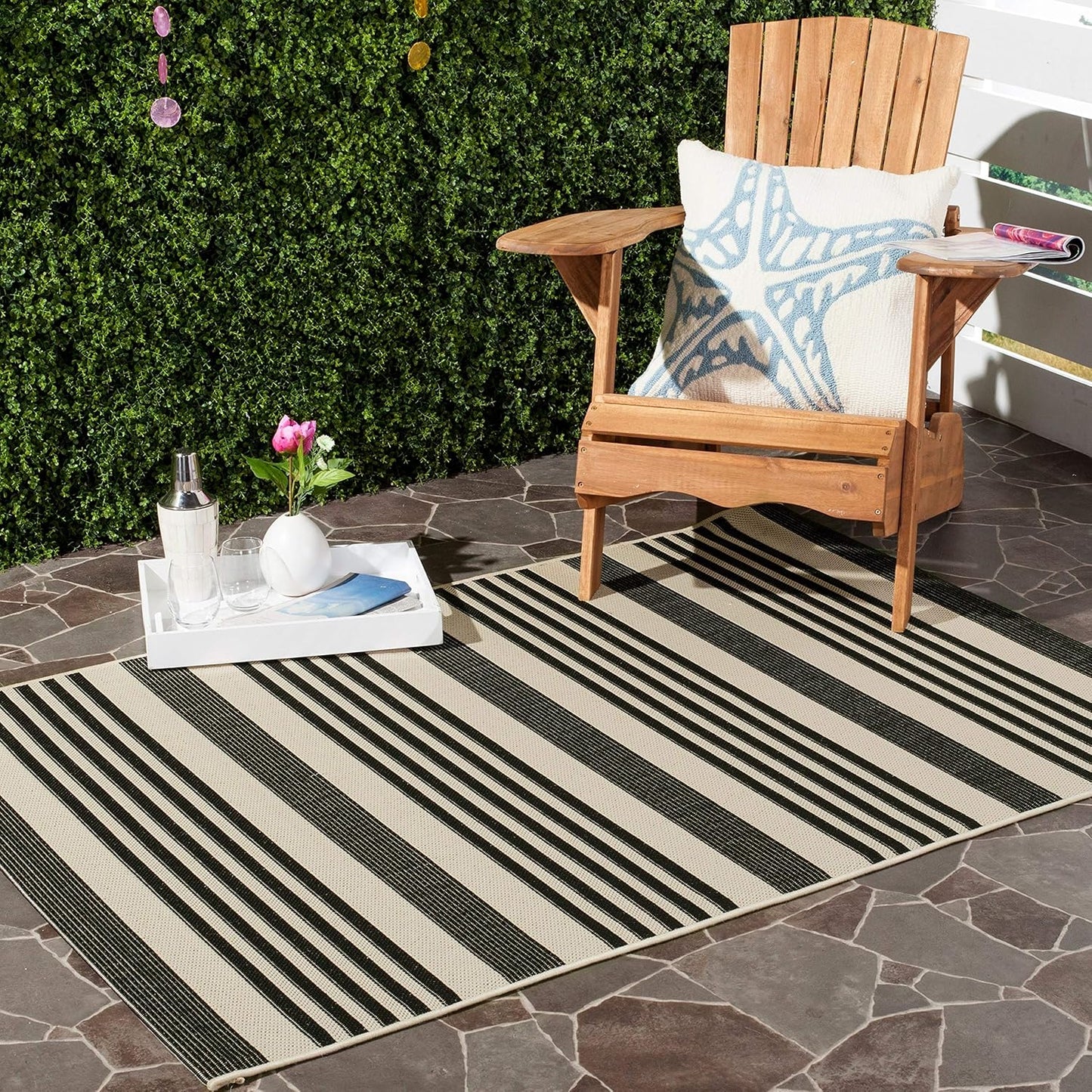 SAFAVIEH Courtyard Collection 2' x 3'7" Beige/Blue CY6062 Stripe Waterproof Indoor/Outdoor Easy Cleaning Mat