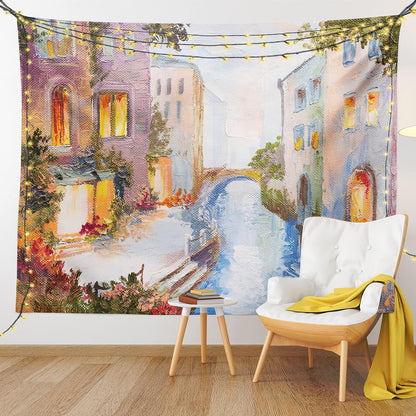 Ambesonne Venice Tapestry - Historical City Vintage Houses Water Canal Venice Italy Oil Painting, 40" X 60", Orange