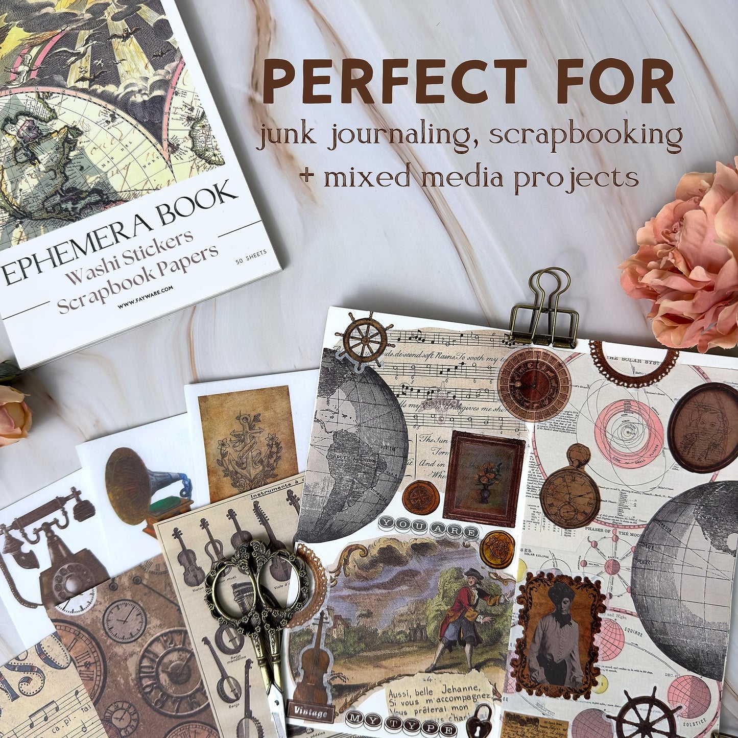 Fayware 411 Vintage Washi Stickers & 20 Scrapbook Papers Ephemera for Junk Journals & Scrapbooking