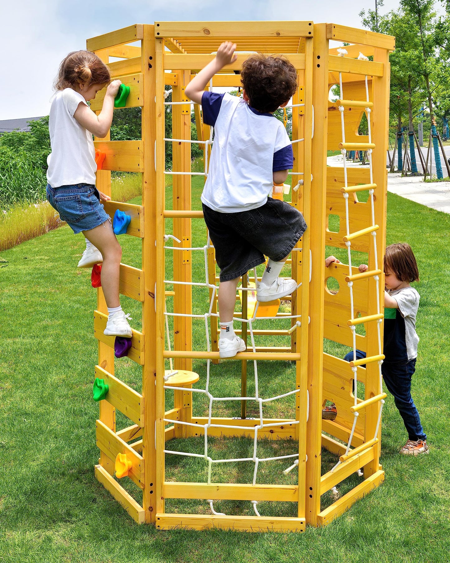 Avenlur Hawthorn 9-in-1 Outdoor Activity Center | Swing, Rock Wall, Monkey Bars | Ages 3-11 | Pine Wood Construction | Climbing Rope, Net Wall | Strength, Coordination, and Imagination-Boosting Fun