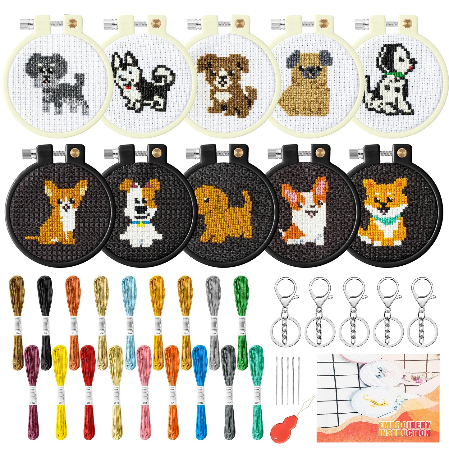 WATINC 10Pcs Embroidery Kit for Kids Stamped Cross Stitch, DIY Key Chain with Puppy Patterns Needlepoint Starter Kits, Craft Supplies for Beginners Children Adults Schoolbag Charms Ornaments