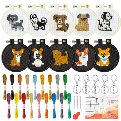 WATINC 10Pcs Embroidery Kit for Kids Stamped Cross Stitch, DIY Key Chain with Puppy Patterns Needlepoint Starter Kits, Craft Supplies for Beginners Children Adults Schoolbag Charms Ornaments