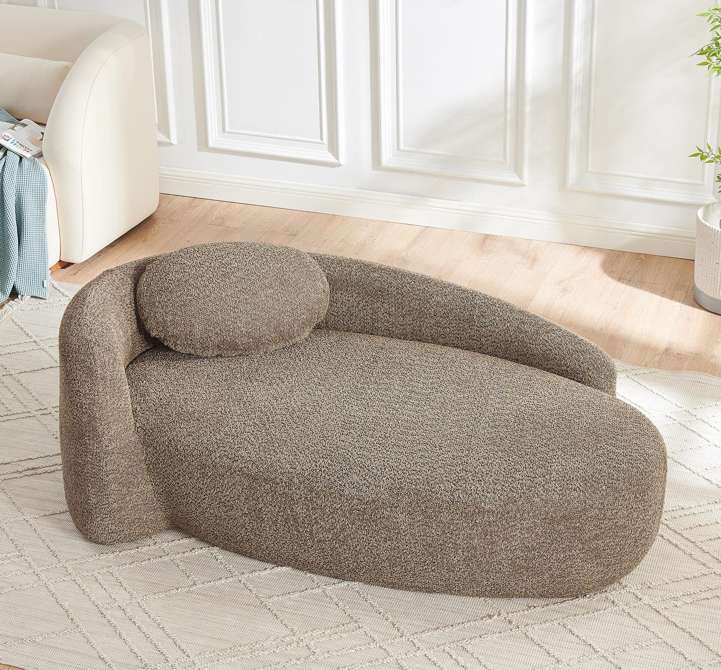 KEIKI 67" L Boucle Chaise Lounge Sofa Chair Indoor with Backrest, Armrest & Pillow, Oval Upholstered Single Lounger Sleeper Chair, Modern Reading Lazy Cloud Sofa Bed Recliner for Living Room Bedroom