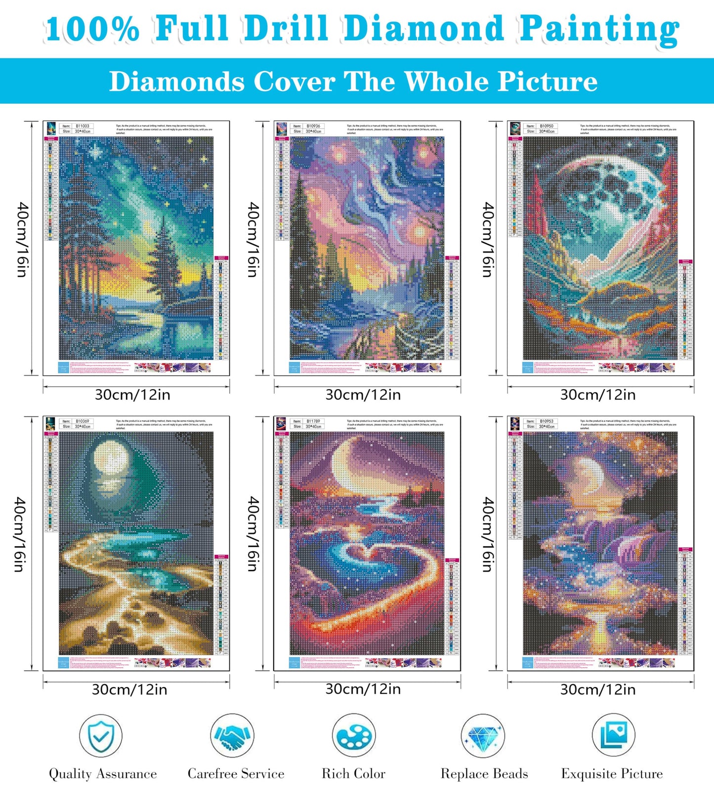 Meothan 6 Pack 5D Diamond Art Painting Kits for Adults Beginners DIY Round Full Drill Diamond Art Kits Moon Beach with Diamonds Gem Art Set for Home Wall Decor 12 x 16 Inch