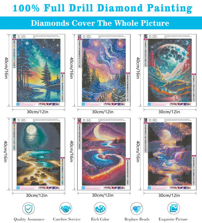Meothan 6 Pack 5D Diamond Art Painting Kits for Adults Beginners DIY Round Full Drill Diamond Art Kits Moon Beach with Diamonds Gem Art Set for Home Wall Decor 12 x 16 Inch