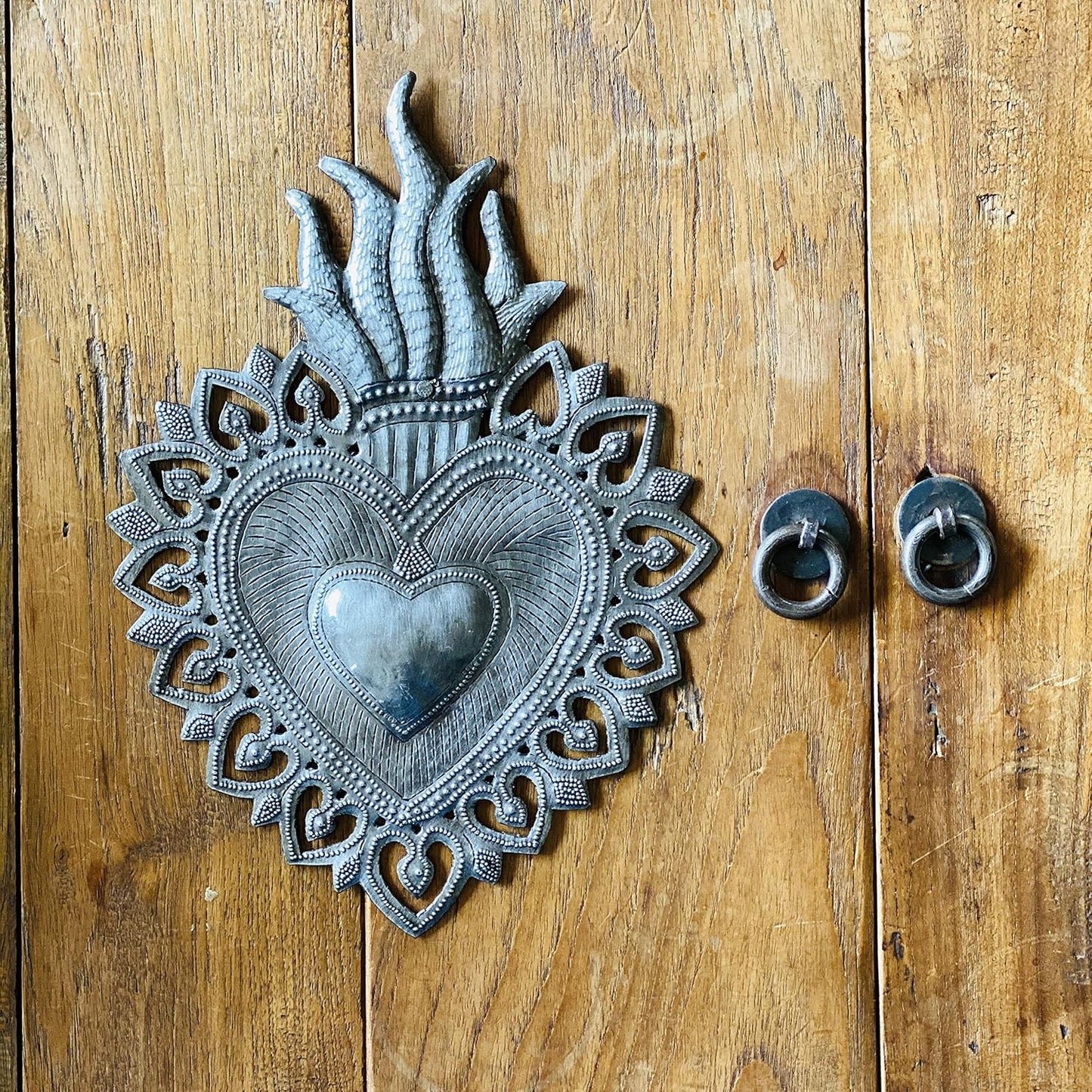 Sacred Heart Flaming Heart Religious Folk Art - Spiritual Home Decor, Haitian Metal Wall Art, 7.25 X 10.25 Inches