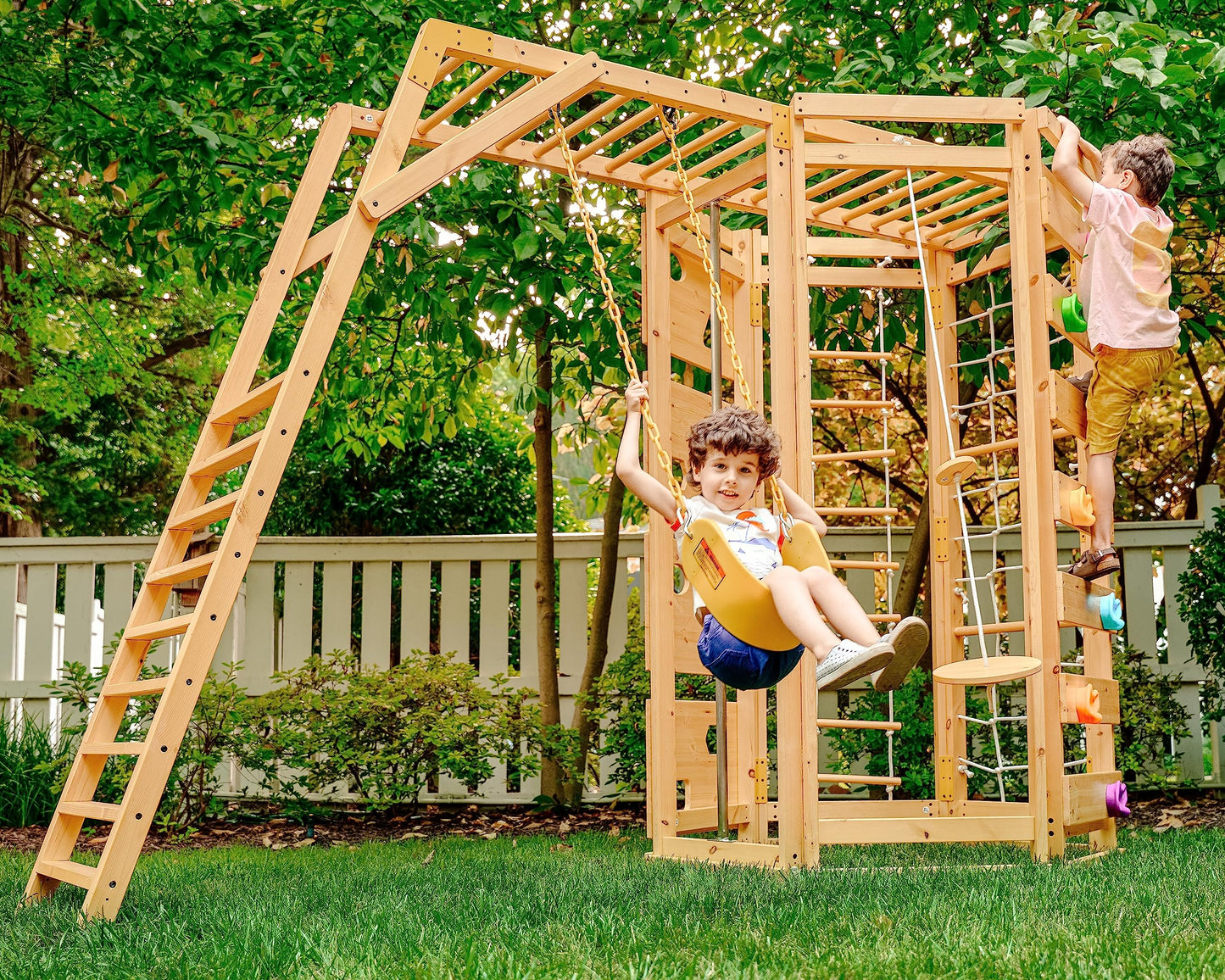 Avenlur Hawthorn 9-in-1 Outdoor Activity Center | Swing, Rock Wall, Monkey Bars | Ages 3-11 | Pine Wood Construction | Climbing Rope, Net Wall | Strength, Coordination, and Imagination-Boosting Fun