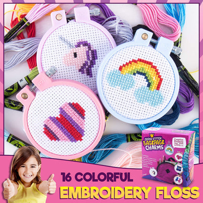 CRAFTILOO Cross Stitch Kit for Kids - 5 Easy Stamped Cross Stitch Kits for Beginners | Embroidery Kit for Girls Ages 7-13 | Needlepoint Craft Set, Backpack Charms & Keychains
