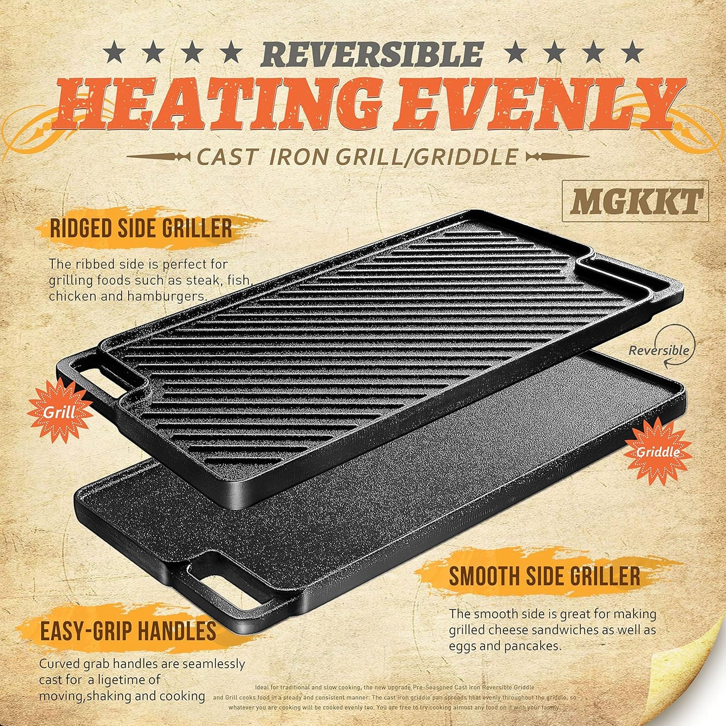 Reversible Pre-Seasoned Cast Iron Griddle Plate | 1-Piece 16.50 Inch Grill Pan for Gas Stovetop & Oven Use