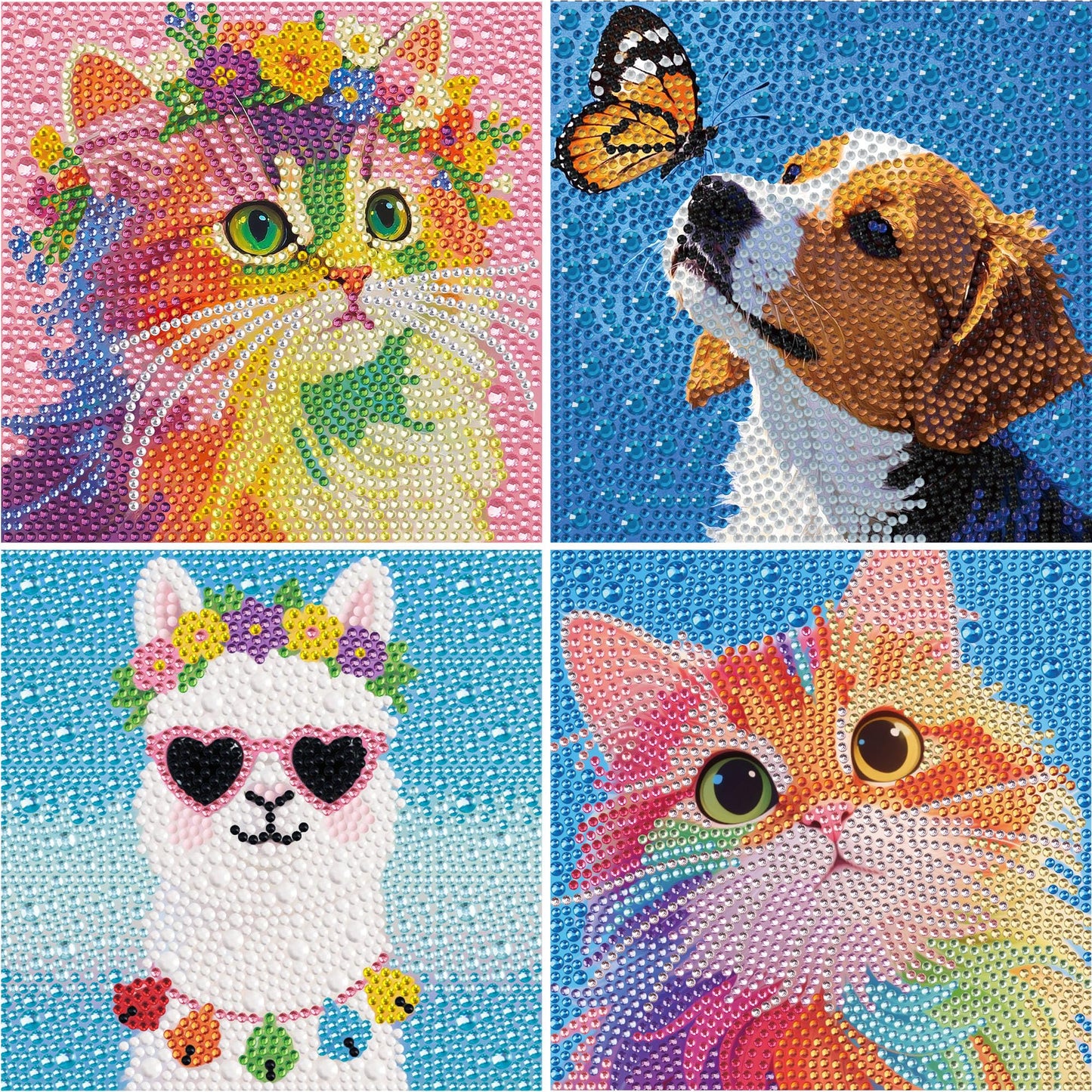 Leixonl 4 Packs 5D Diamond Art Kits for Kids Ages 6-8-9-12,Arts and Crafts Set for Home Wall Decor.Gem Art by Number Kits Arts and Crafts Kits(5.9x5.9inch) (4-pack-15-cat Dog cat Alpaca)