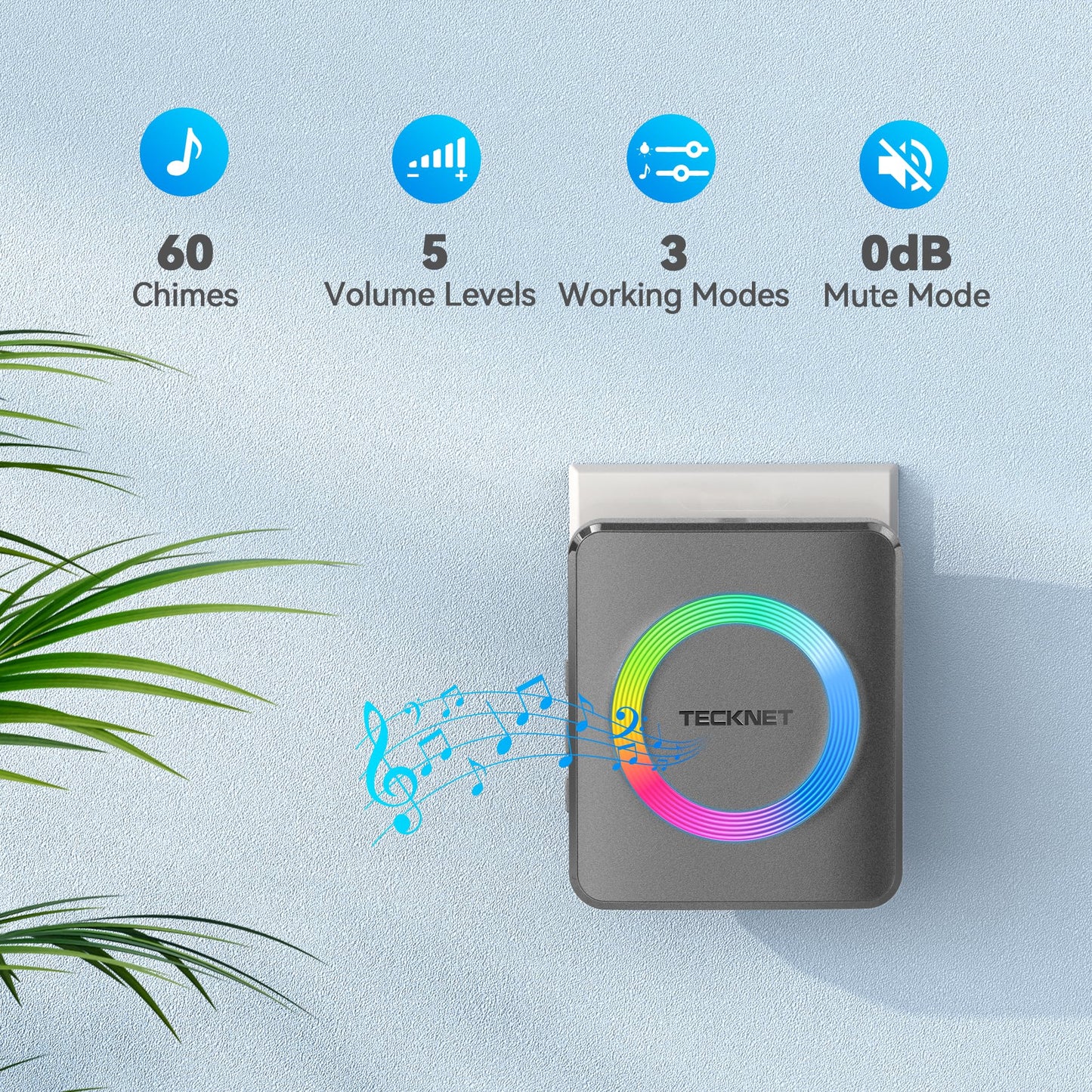 TECKNET Wireless Doorbell, Door Bell 0-120dB, 1300 ft Wireless Range, IP65 Waterproof Classroom Doorbells, 60 Chimes & 5 Volume Levels, RGB Light for Home Kid Room Office Hearing Impaired