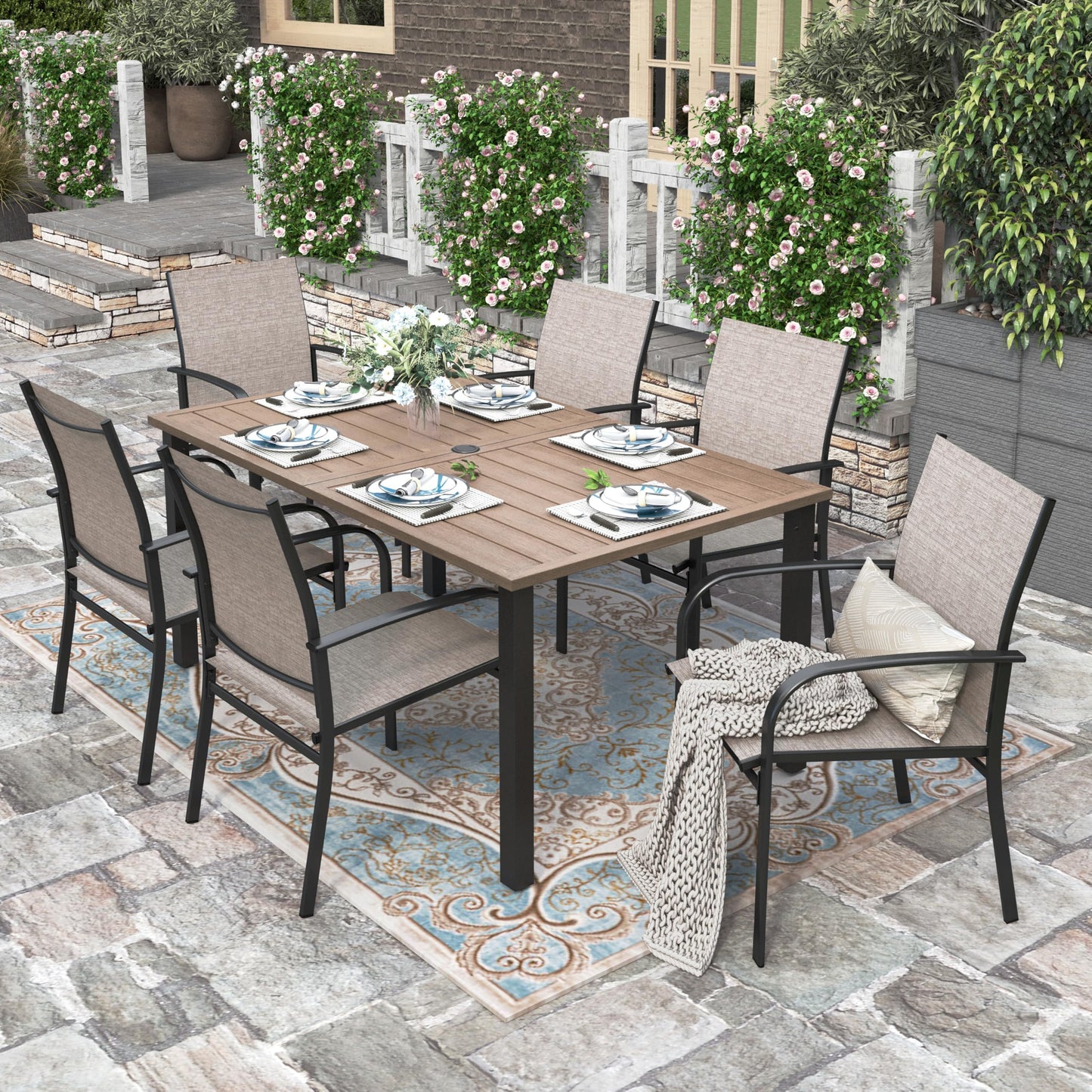 HERA'S HOUSE Patio Table and Chairs for 6, 7 Pieces Outdoor Deck Dining Sets, Wood-Like Rectangular Metal Table Set with Chairs for Lawn Garden Backyard, Brown