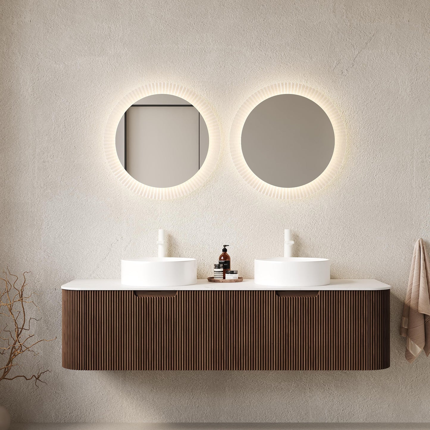KEIKI 60" Floating Bathroom Vanity with Sink, Double Basin Wall Vanity Cabinet with Curved Edges, 2 Soft-Close Drawers, Pre-Assembled Bathroom Storage Vanity, Walnut